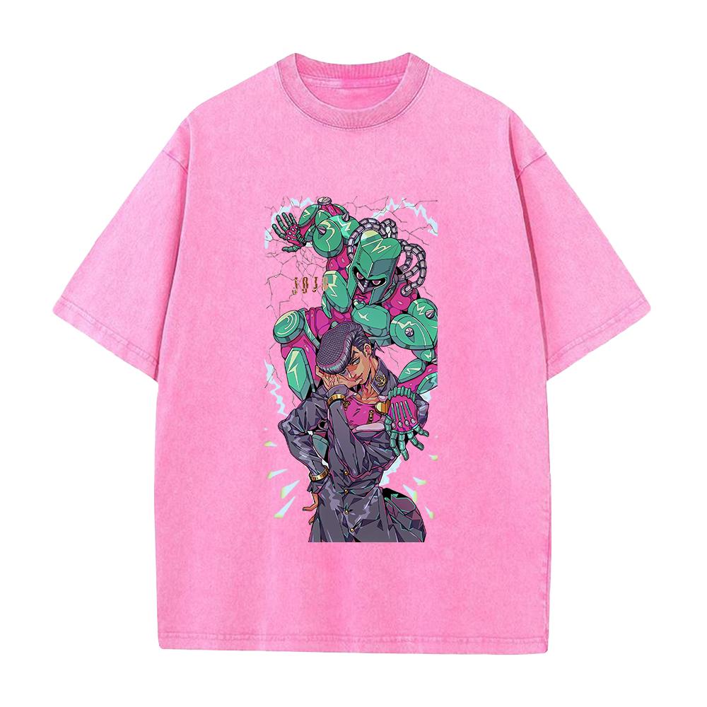 Anime JoJos Bizarre Adventure Higashikata Jousuke Graphic T Shirt Men Casual Cotton Tshirt Vintage Washed Tshirt Harajuku Tops