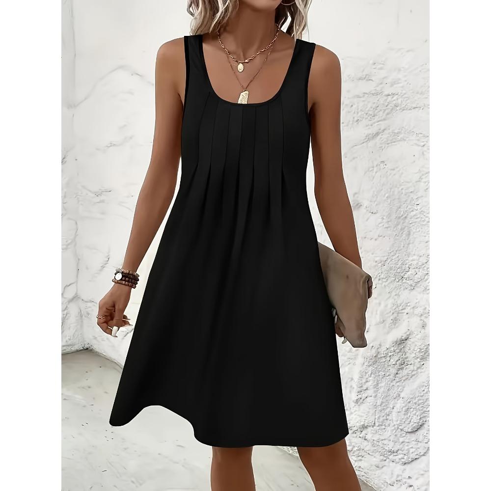 Women s U Neck Sleeveless A Line Mini Dress Solid Color Front Pleated Casual Tank Sundress S чёрный