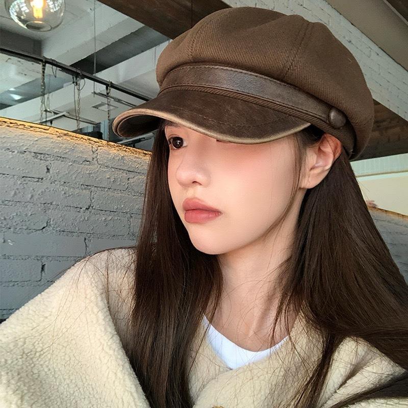 Leather Brim Old Beret Autumn and Winter Maillard Painter New Retro Octagonal Hat Newsboy Hat Shows Small Face