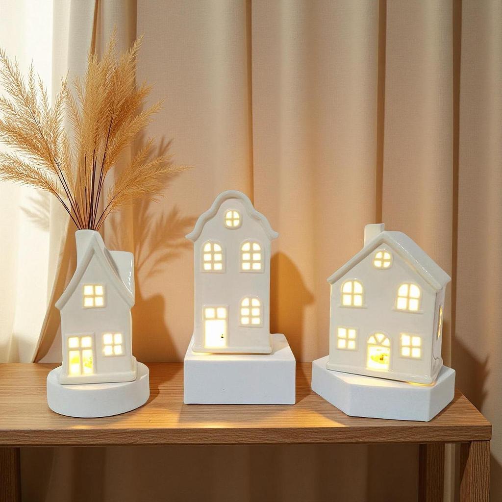 Ceramic Christmas Home Decorations Lighted Christmas House Figurine with Light Xmas Crafts Creative LED Hollow House