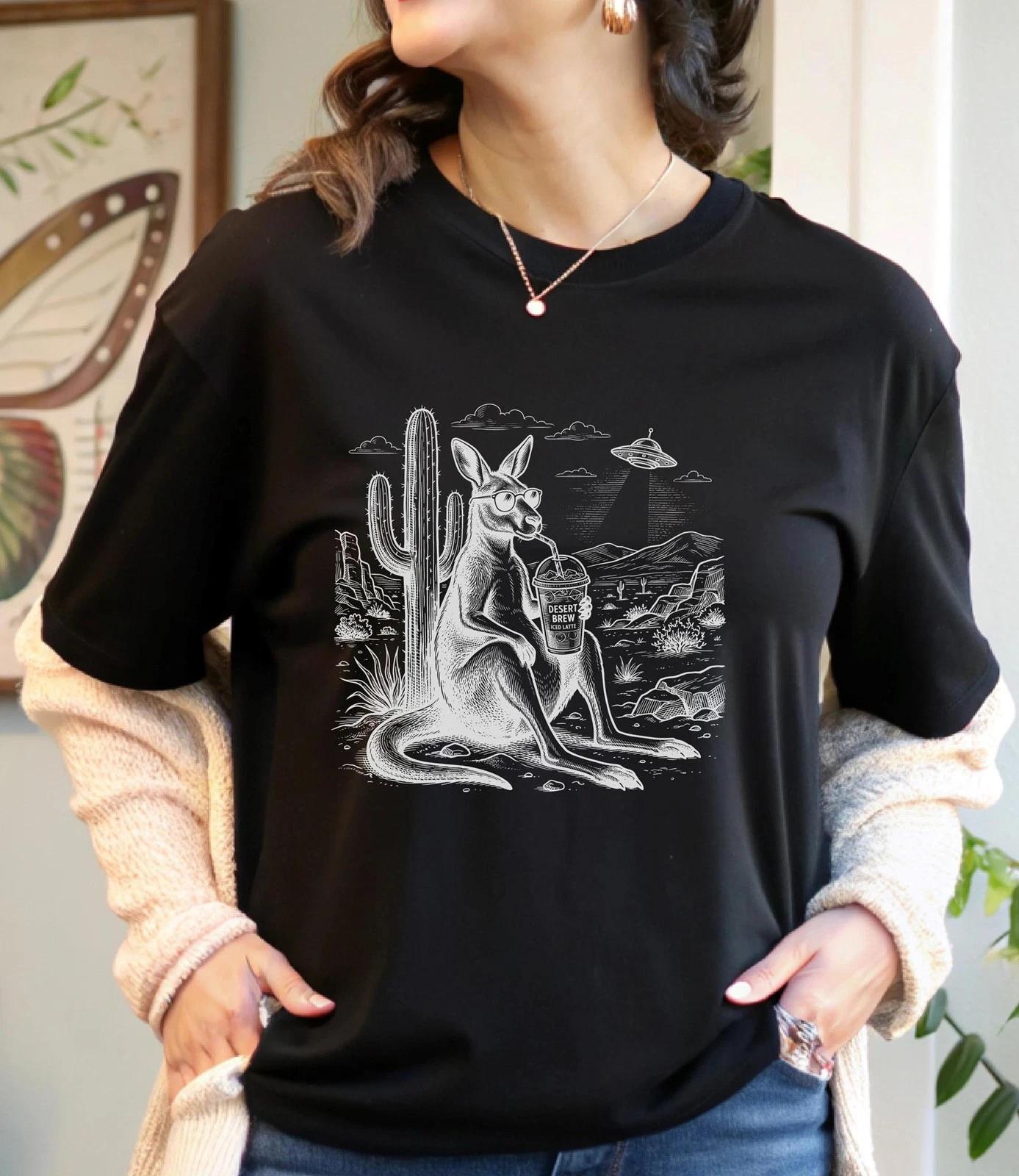 Kangaroo Sunglasses Iced Latte T-Shirt, Funny Desert Animal Coffee Lover Tee, 3XL
