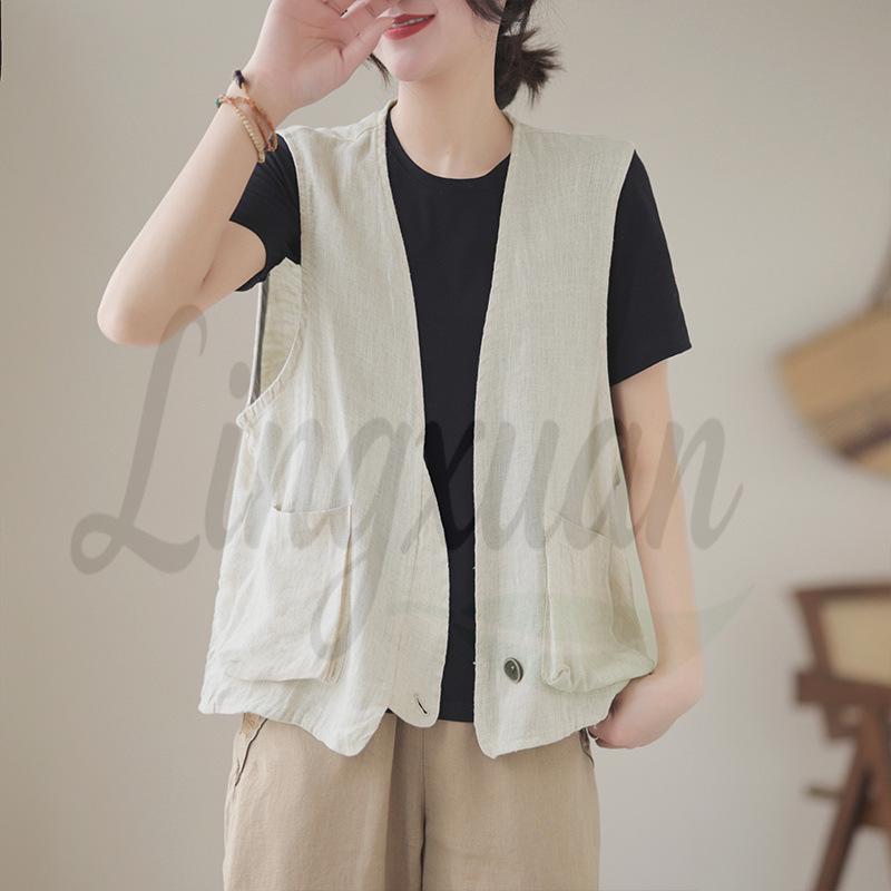 2026 Summer New Chinese Style Linen Vest - Women s Retro Artistic Loose Sleeveless Cardigan Medium