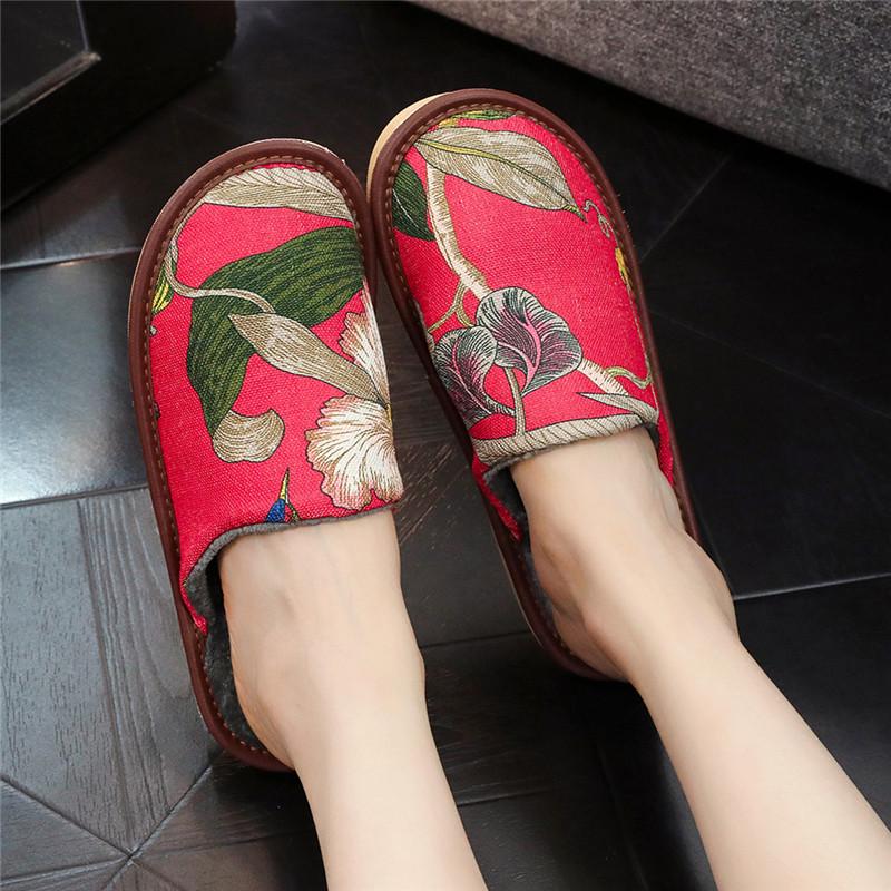 Japanese-Style Cotton Slippers: Velvet-Lined, Anti-Slip, Printed Linen, Soft TPR Sole, Durable, Comfortable, Warm.