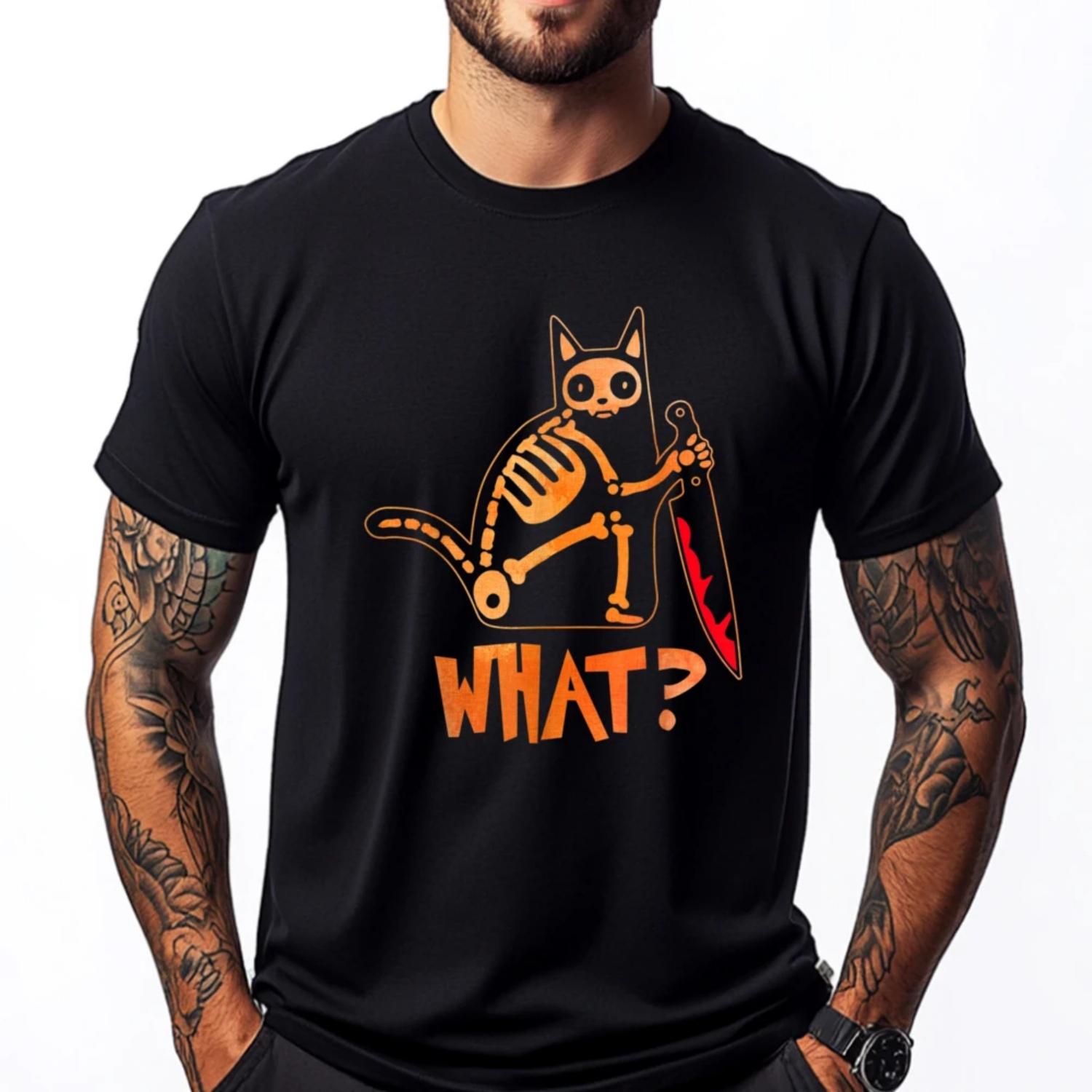 Cat What Halloween Cat With Knife Funny Cute Skeleton Cat Grpahic Tee Mens T Shirt Man Tops Tees S чёрный