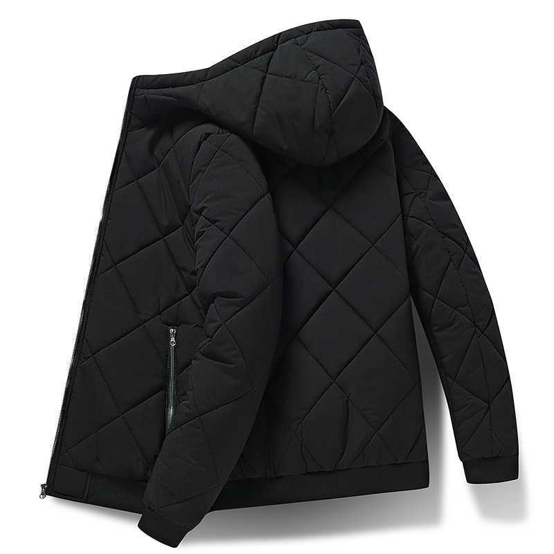 Men's Winter Hooded Warm Jacket Lined Cotton Warm Jacket Diamond Plaid Outdoor Casual Jacket