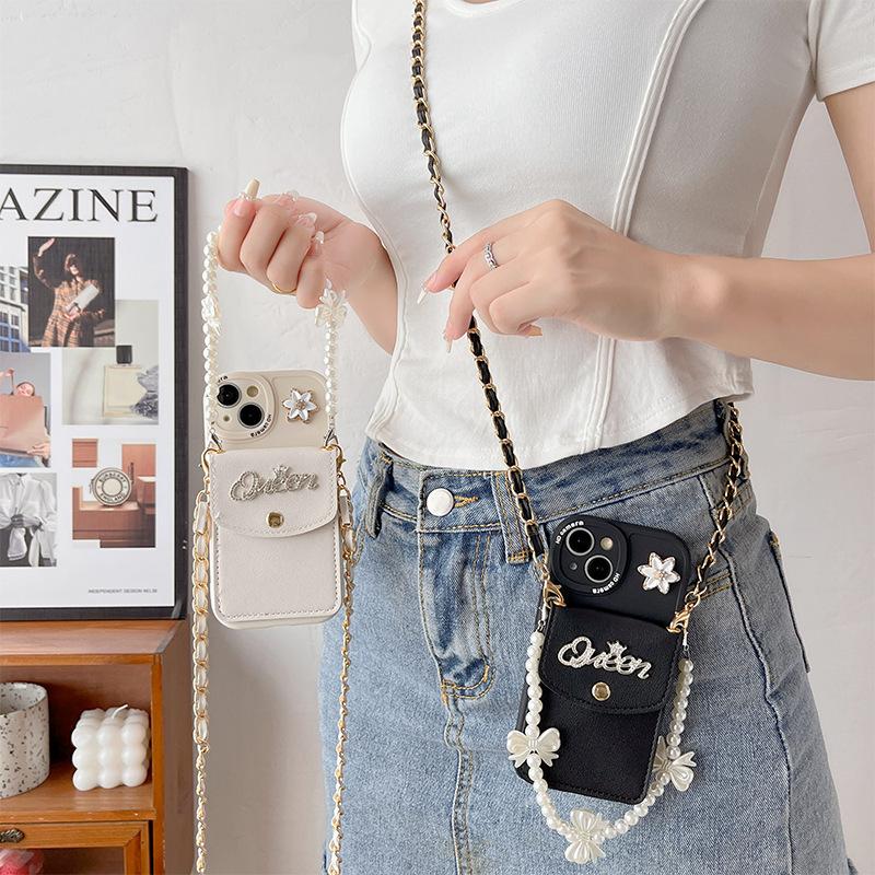 For IPhone17 Wallet Card Case Phone Case for Apple 16 Bow Pearl 14 Bracelet 13 Precision Hole XR Flower