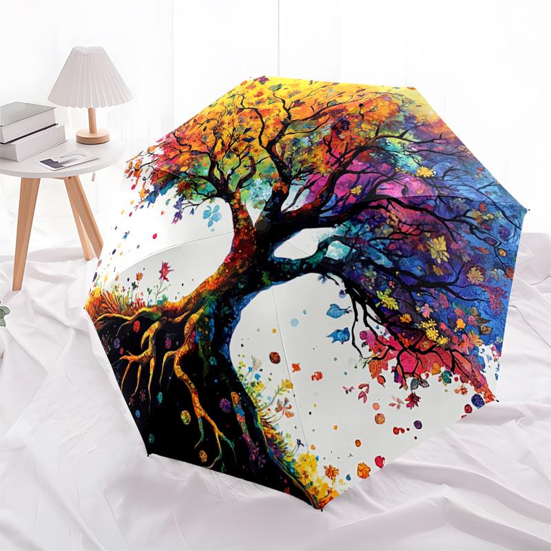 1 PC Automatic Folding Umbrella - Colorful Tree Pattern, Portable & Foldable Design with 8 Ribs, Christmas Birthday Gifts