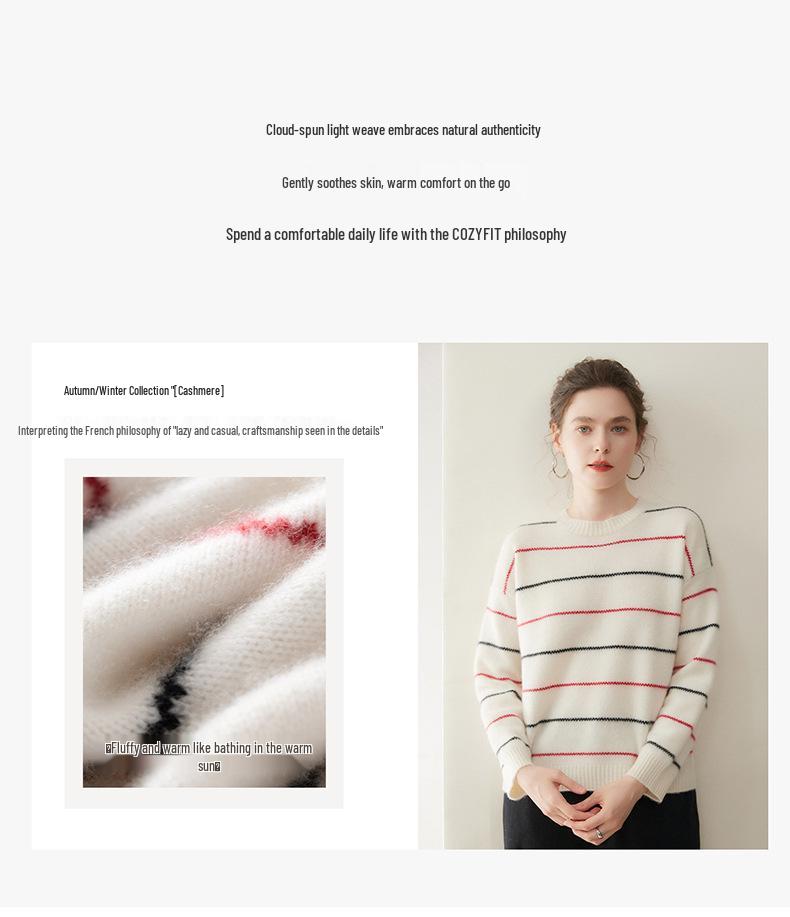 Autumn 2025 Women's Striped Cashmere Sweater - Half-High Neck, Loose Fit, Slimming Base Layer.