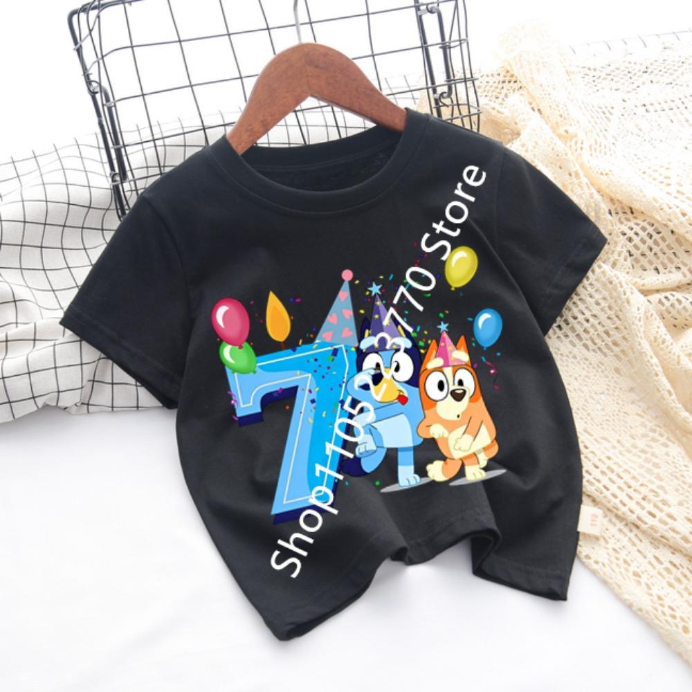 Bluey Baby Birthday T Shirt for Boys Girl Bingo Number Kids Clothes Summer Cartoon Letter Tees Shirts Toddler Short Sleeve Tops