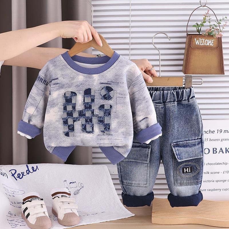 

Boys Tie-Dye Plaid Letter Hoodie & Jeans Set, Spring 2026 Collection 80cm S светло-синий