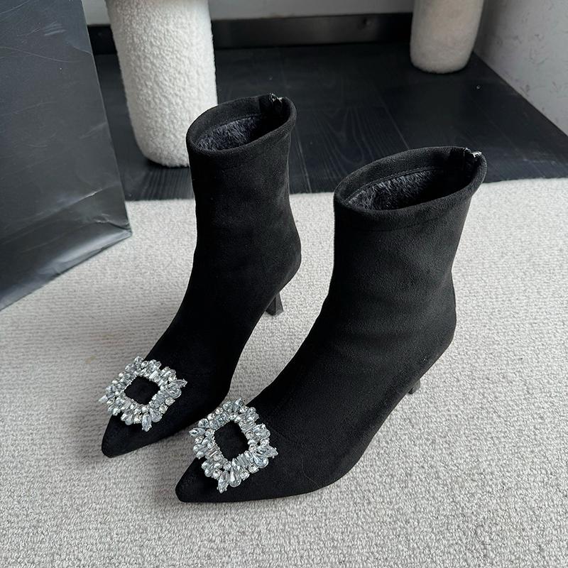 Zimowe Nowe Bawełniane Botki na Cienkim Obcasie Damskie Szpiczaste Z Kryształkami Cyrkonii Klamra Rękaw Antypoślizgowe Odporne na Ścieranie Krótkie Botki