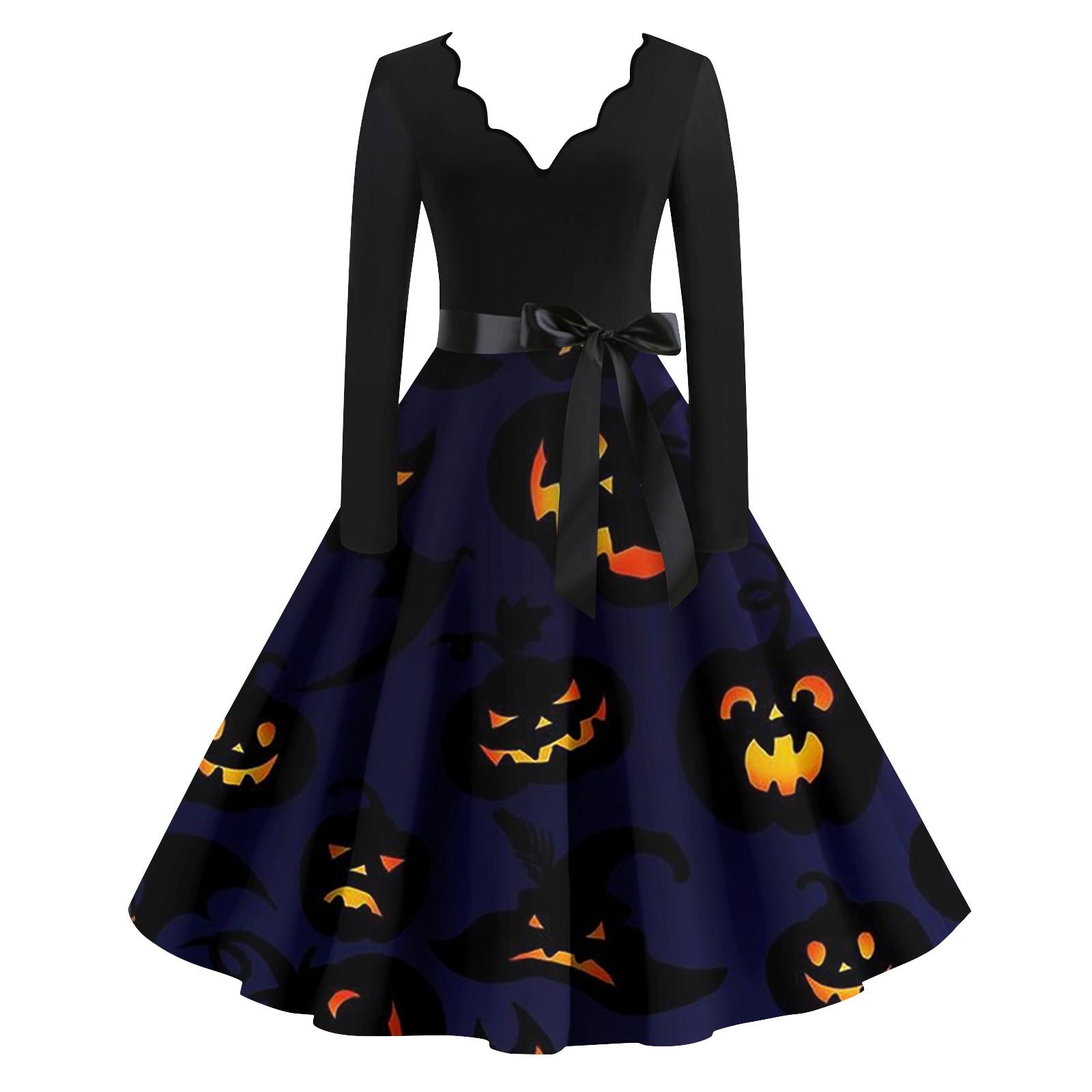 

Платье на Хэллоуин для женщин с винтажным принтом и длинным рукавом с v-образным вырезом плюс размер вечерние платья для выпускного вечера XXXL