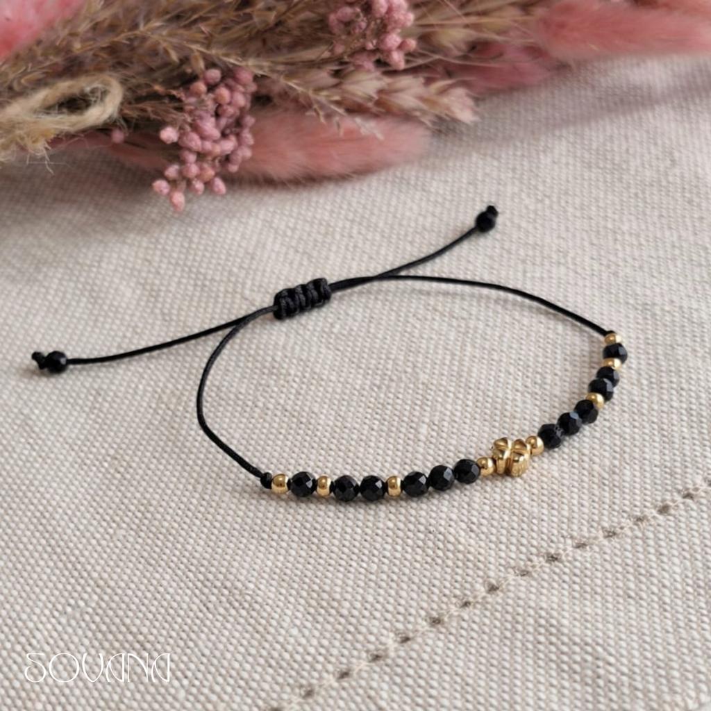 Lucky bracelet, protective, black tourmaline, clover, adjustable