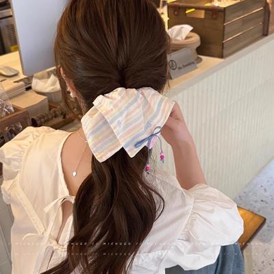 Sweet Bow Striped Square Towel Large Intestine Hair Band Women's High Elastic Ponytail Rubber Band Hair Rope Cute Headrope Hair Accessories