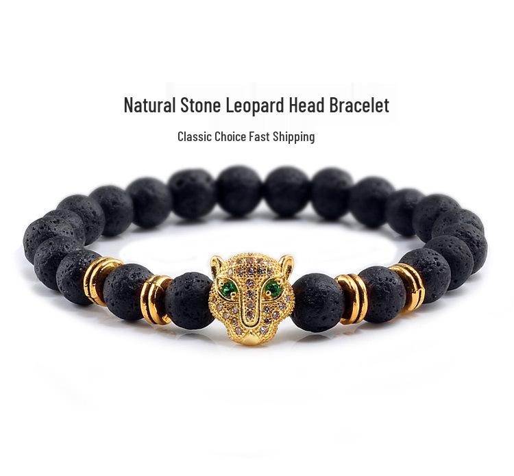 Volcanic Stone Beads Bracelet with Leopard Head and Diamond Circle - Trendy Elastic Hand Ornament