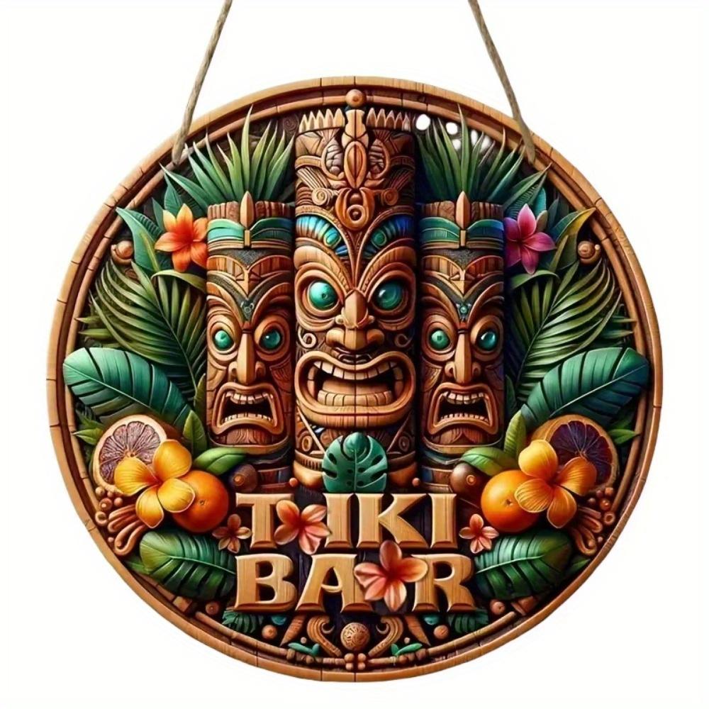 1pc 2d Flat Hawaiian Tiki Mask Bar Sign - 20cm Round Wood Art Decoration for Home, Garage, Cafe, Restaurant, Bar, BBQ, Beach, Resort Decoration