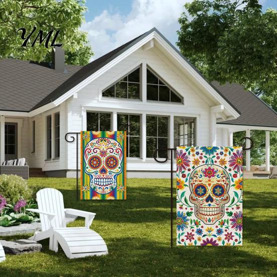 Sugar Skull Yard Ornaments Day of The Dead Garden Flag, 12x18 Inch Floral Decorative Weather Resistant Patio Banners Mexican Gothic Skeleton