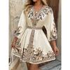 New Women's Printed V-Neck Dress, Three-Quarter Elbow Sleeve Tie Waist A-Line Midi Dress for Summer Casual Party Daily Wear
