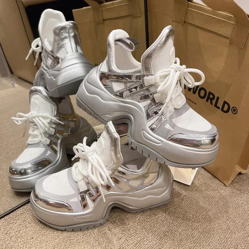 Chunky Sneakers for Women Spring Autumn New Thick Bottom Vulcanized Shoes Woman Mesh Breathable Lace Up Platform Sneakers2024