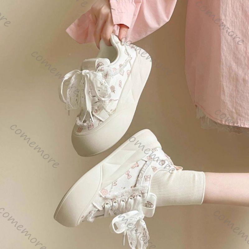 Fashion Comemore Cute Bread Shoes Thick-Soled White Sneakers Women's 2025 New Spring Autumn Casual Lace Up Round Toe Board Sneaker Shoes