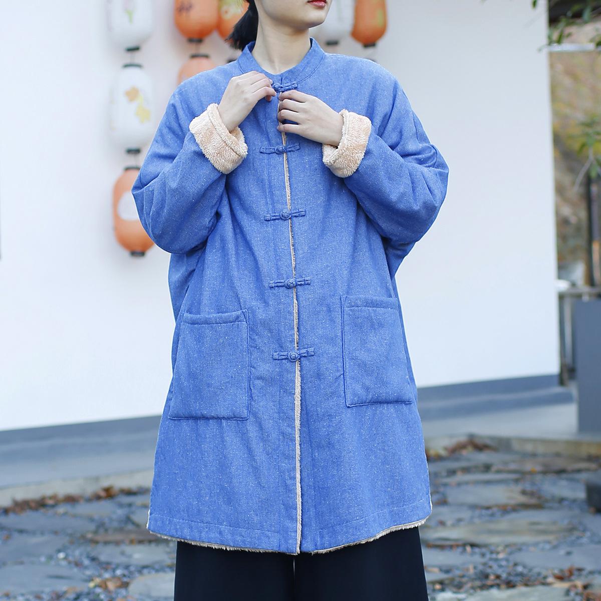 

Johnature Women Vintage Winter CoatsStand Long Sleeve Button Pockets Female Chinese Style Coats One Size джинсовый синий
