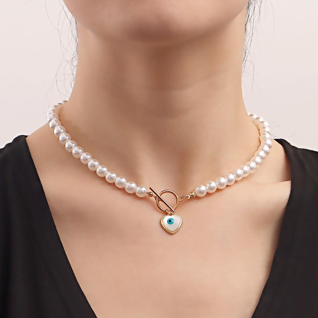 European and American ins Versatile Devil's Eye Love Imitation Pearl Necklace Simple Blue Eye Necklace Women