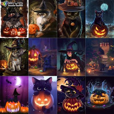 Diamond Painting Halloween Pumpkin And Black Cat Embroidery Cross Stitch Rhinestone Home Decor