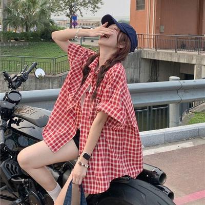 Women's Red Short Sleeved Checkered Shirts Summer Versatile Retro Thin Tops Korean Style Loose Single Breasted Shirt