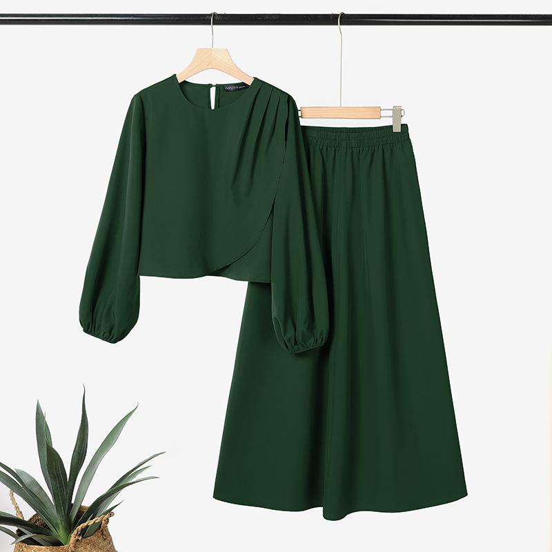 

ZANZEA Женская блузка с длинным рукавом и брюки повседневный комплект из двух частей L зелёный