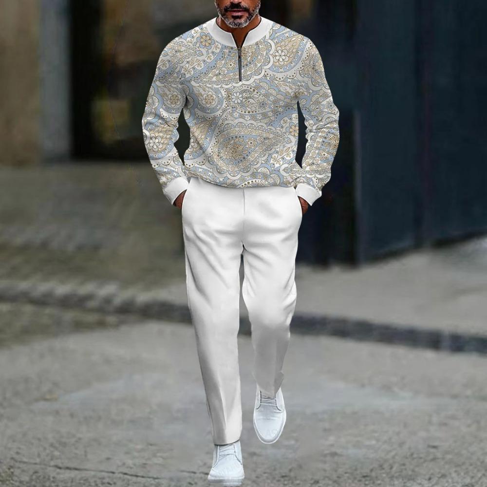 Spring Autumn 3D Printed Fashion Men's Long-Sleeved Sets Half-Zipper Stand-Up Collar Men's Casual Sportswear Two-Piece set