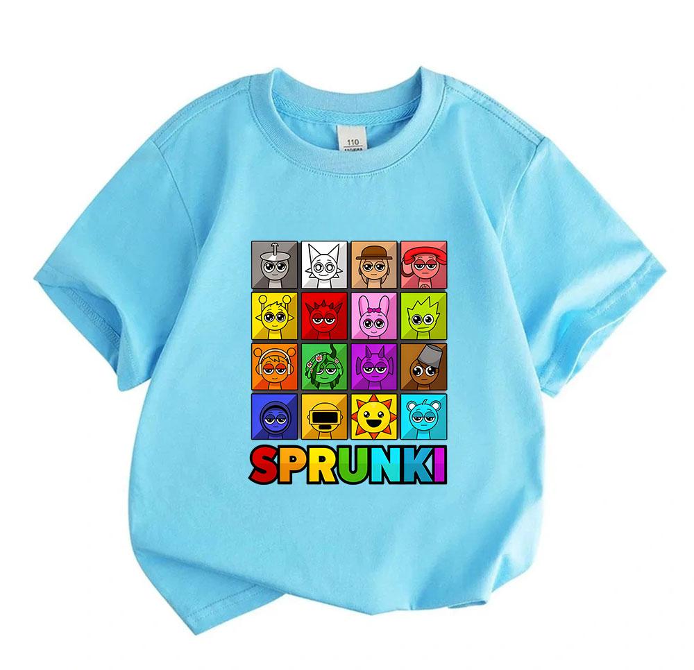 Kids Boys Girls 100% Cotton Short Sleeve O-Neck T-shirt Cute Sprunki Character Print Casual Soft Breathable Tee for Children Daily Wear Home School Gi