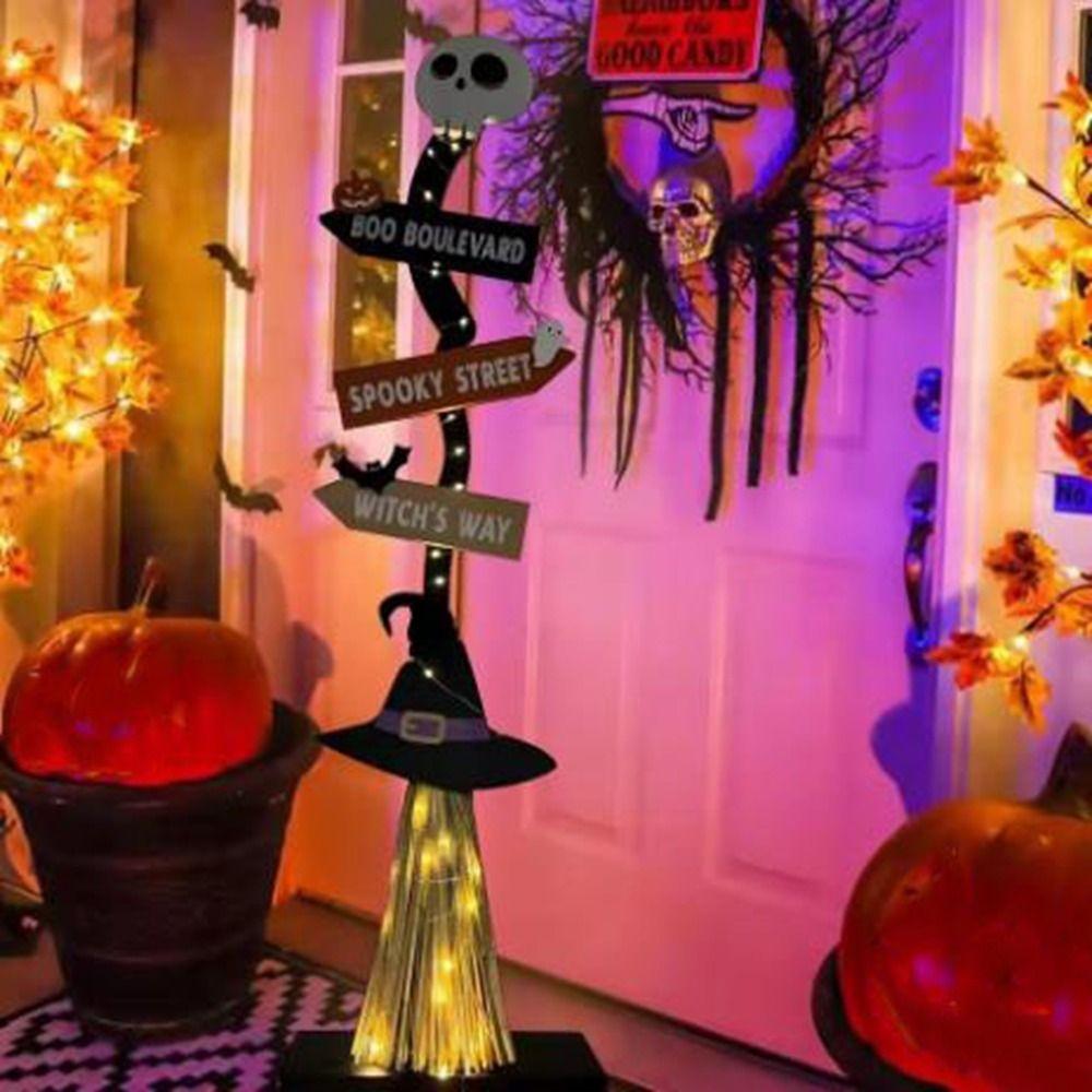 Spooky Design Wooden Witch Broom with Base Halloween Broomstick Ornament  Yard Ornament