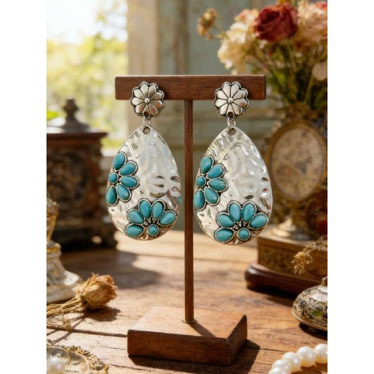 1 Pair Retro Western Style Green Turquoise Flower Alloy Earrings, Earrings For Women