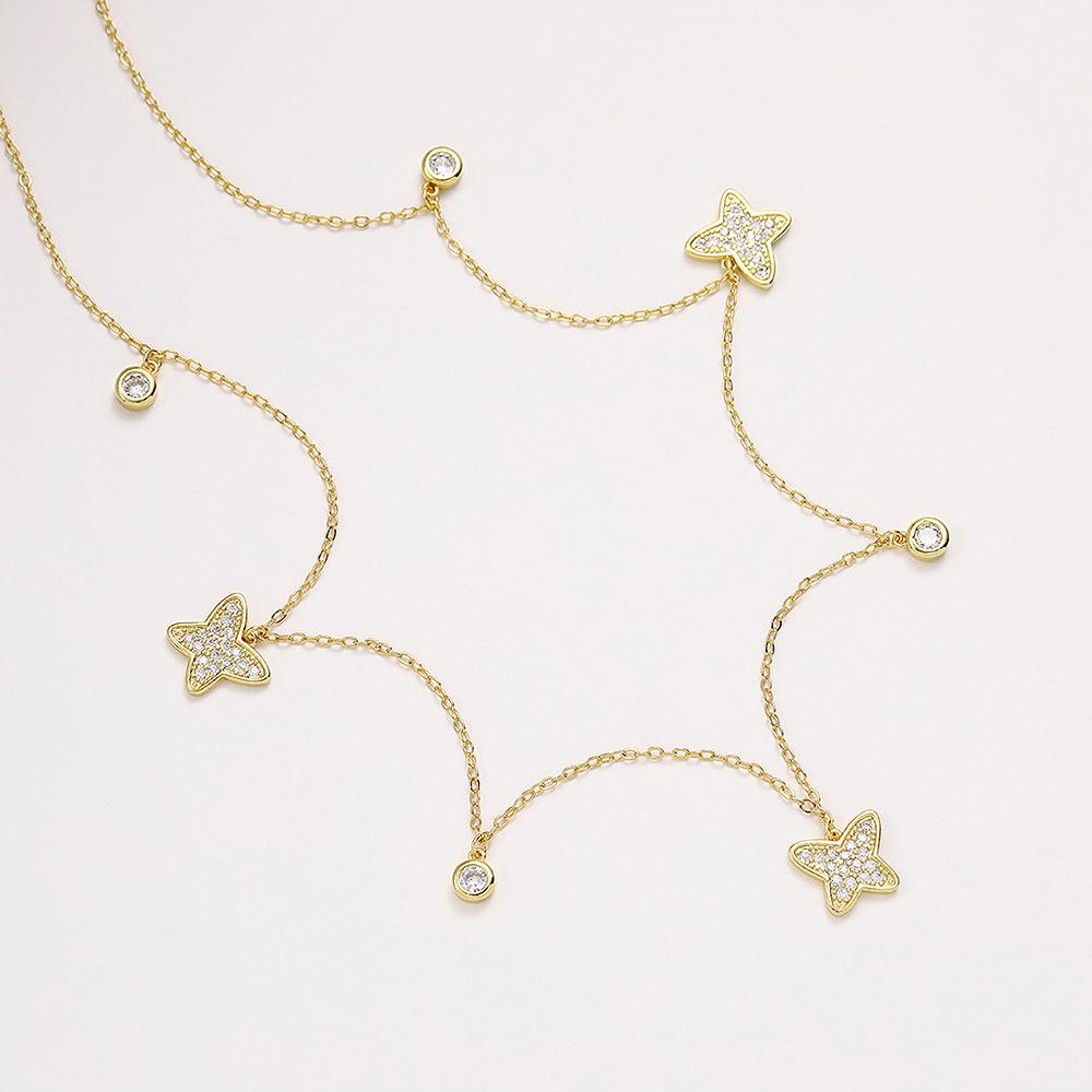 Gold Plated Layered Butterfly CZ Pendant Necklace, Delicate Star & Round CZ Double Chain Necklace for Women