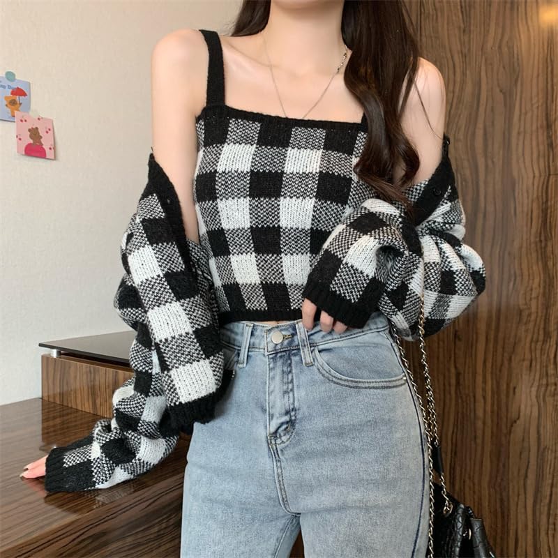 Korean Fashion Knit Long Sleeve Gingham Korean Short [KOREARU] Women's Sweater, Check, Camisole/Cardigan Set, Flattering, Stylish, Cute, Clothing,