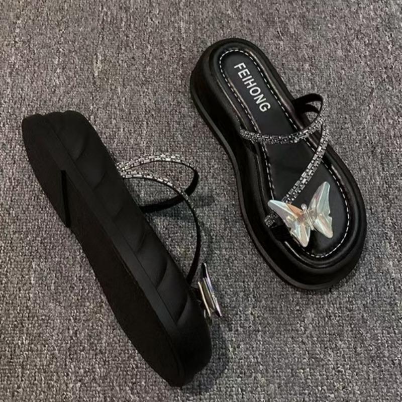 

Fashion Women s Fashion Round Head Crystal Butterfly Toe Soft-soled Non-slip Flat Shoes Thick Soled Mid-heel Slippers 40 чёрный