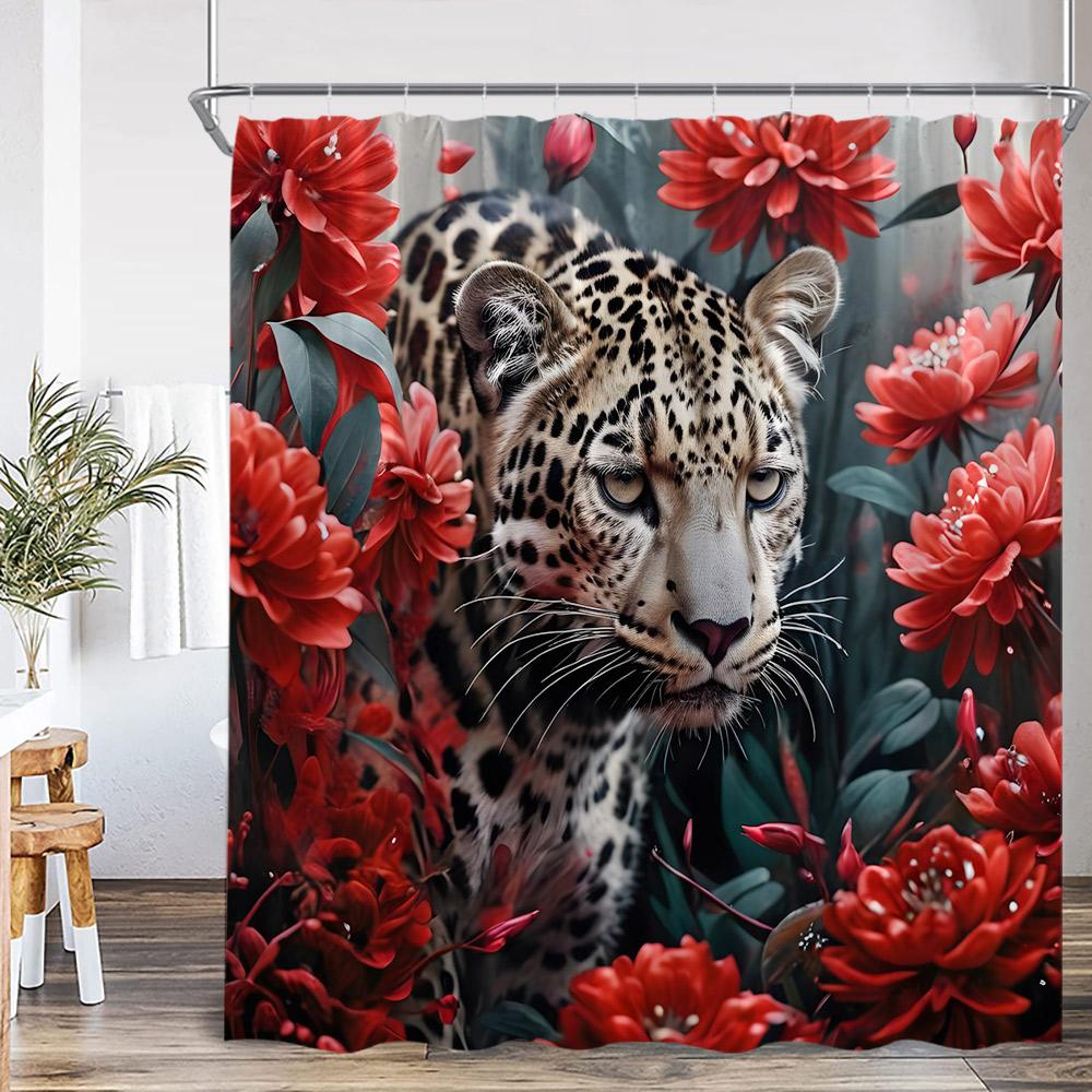 Leopard Floral Shower Curtain Bathing Wild Animal Print Green Leaf Flower Elegant Panther Bathroom Decor Modern Bath Curtain