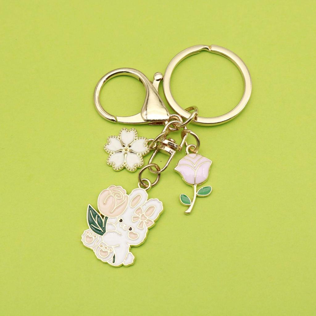 Cute Cartoon Rose Flower Rabbit Keychain - Festive New Year Gift & Backpack Pendant Pair