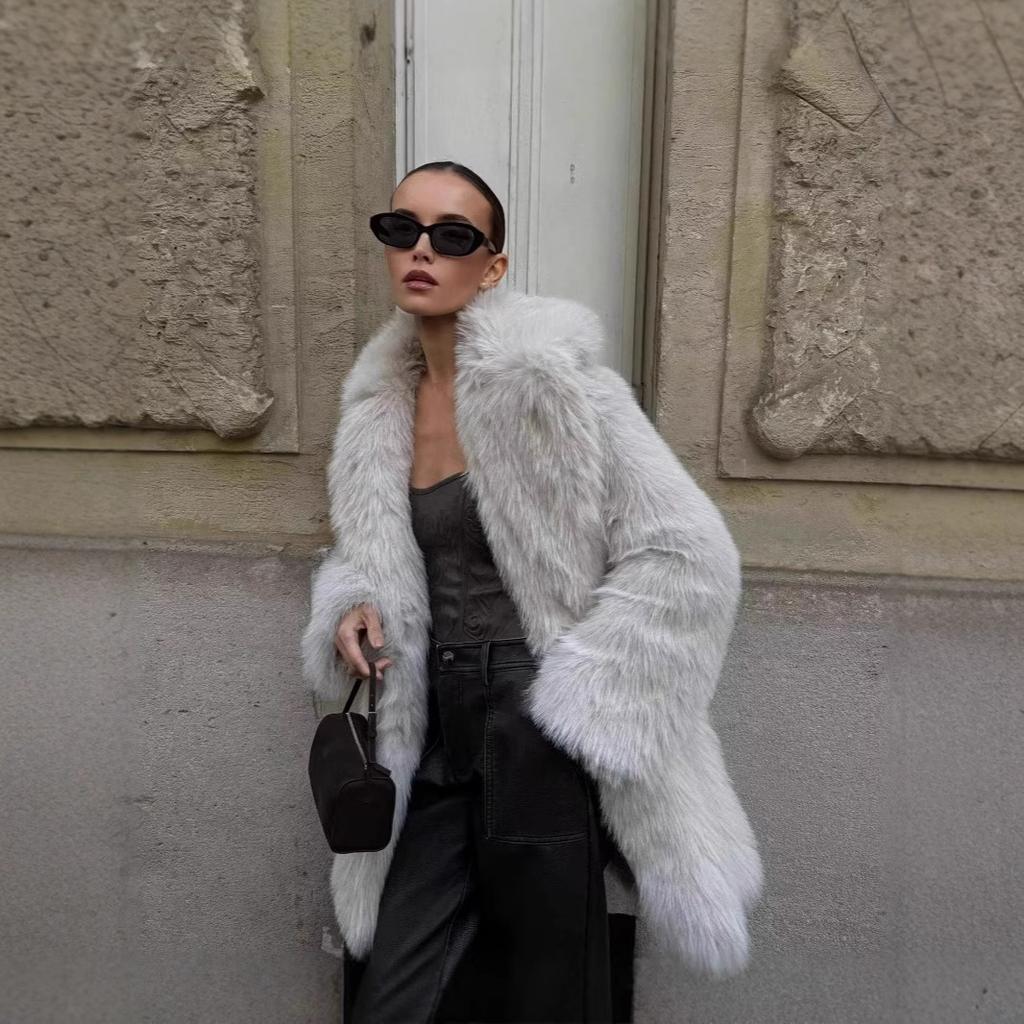 Autumn and winter European and American women's artificial fur warm medium and long suit collar coat coat