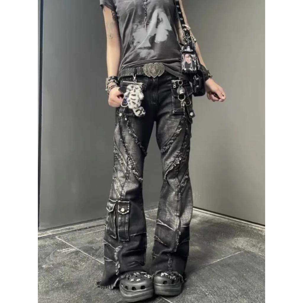 VIONA Autumn Winter Women's Denim Pants Dark Academia Cargo Jean Flared Bell Bottom Designer Kpop Japanese Y2k 2000s Goblin Core
