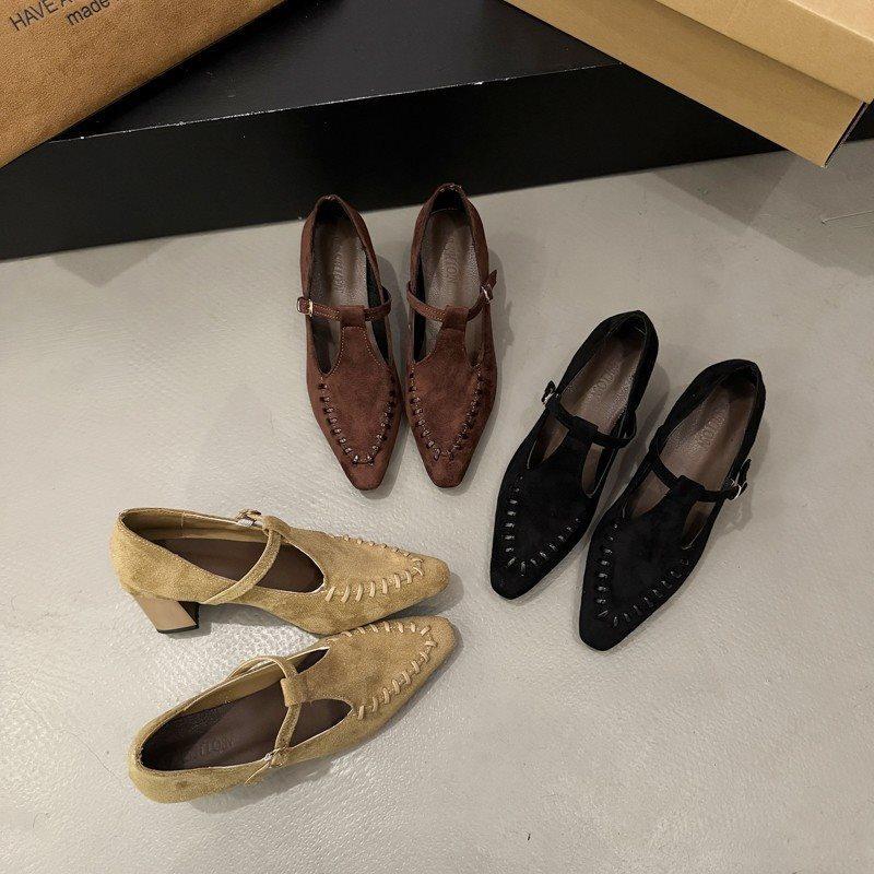 New Pointed High-heeled Retro Mary Jane Shoes Suede French Skirt 2025 Single Shoes Women's Shoes Thick Heel with Autumn