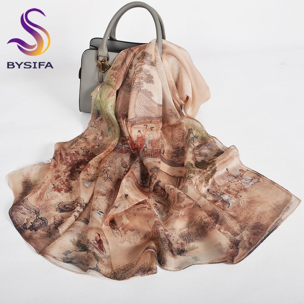 [BYSIFA] Purple 100% Mulberry Silk Scarf Wrap Fall Winter Magnolia Design Long Scarves Shawls Women Spring Summer Beach Shawl