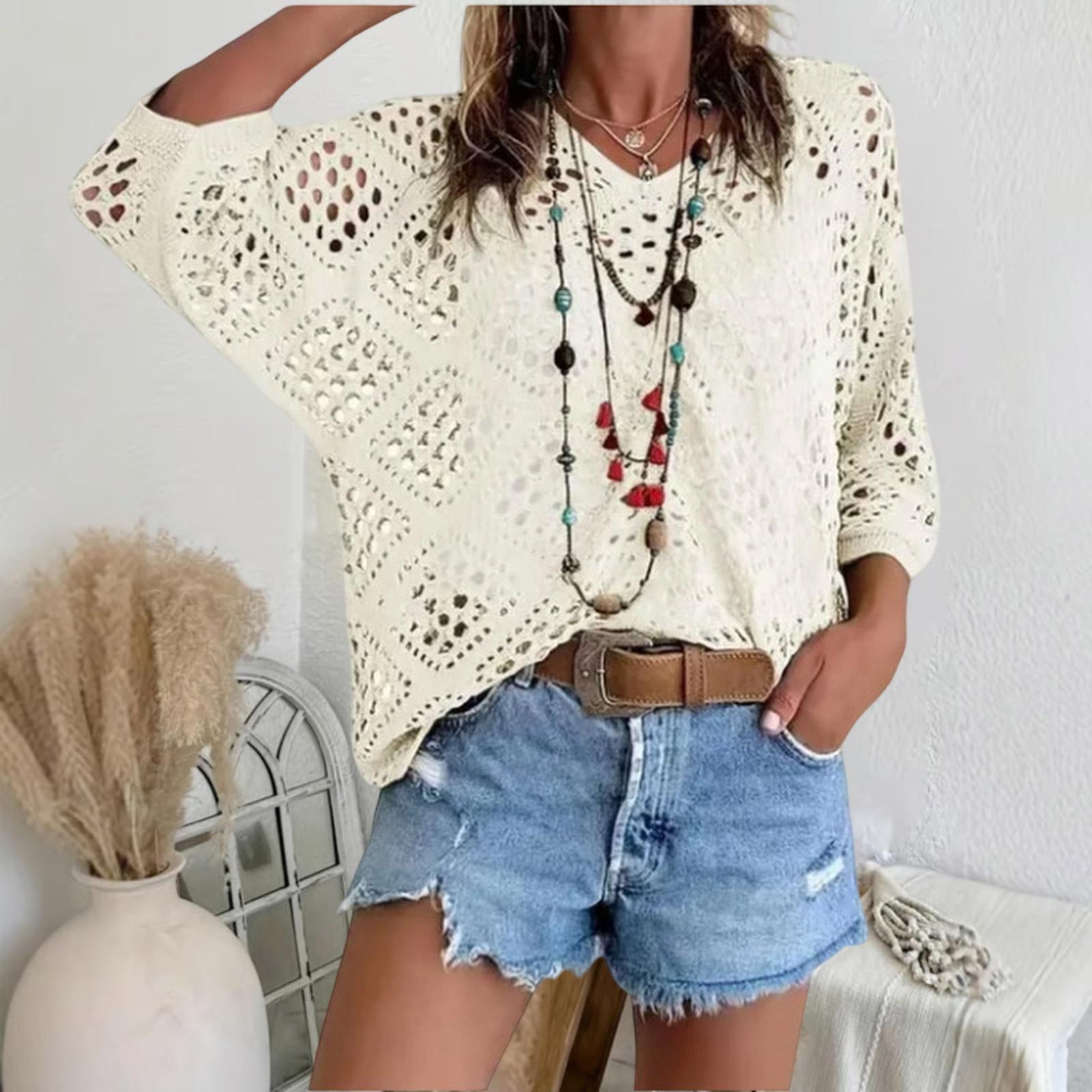 Women s V-neck Diamond-shaped Openwork Sleeve Sweater Cardigan Knitted Top L бежевый
