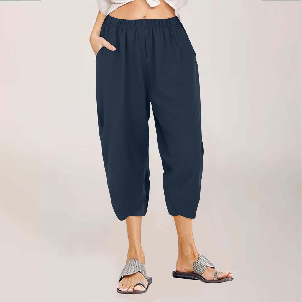 Women's Casual Solid Color Pocket Straight Leg Wide Leg Loose Cropped Pants