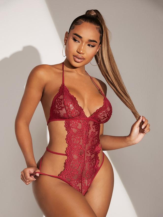 Deep V perspective sexy lace women's three-point seduction sexy backless sexy lingerie