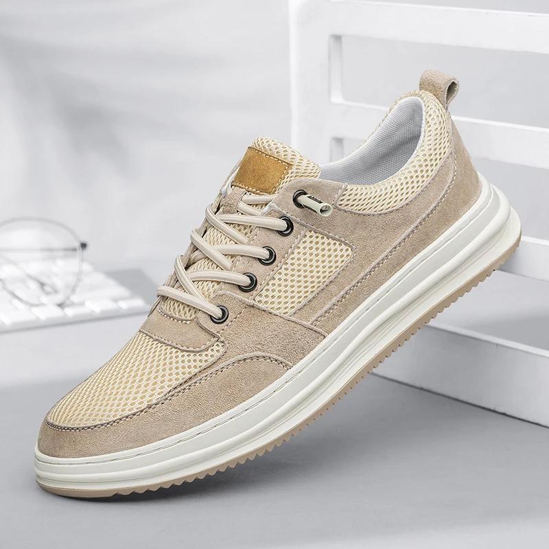 Fashion Summer New Breathable Mesh Comfortable Men Shoes Leather Sneakers Mens Designer Fashion British Style Casual Leather Shoes Walk