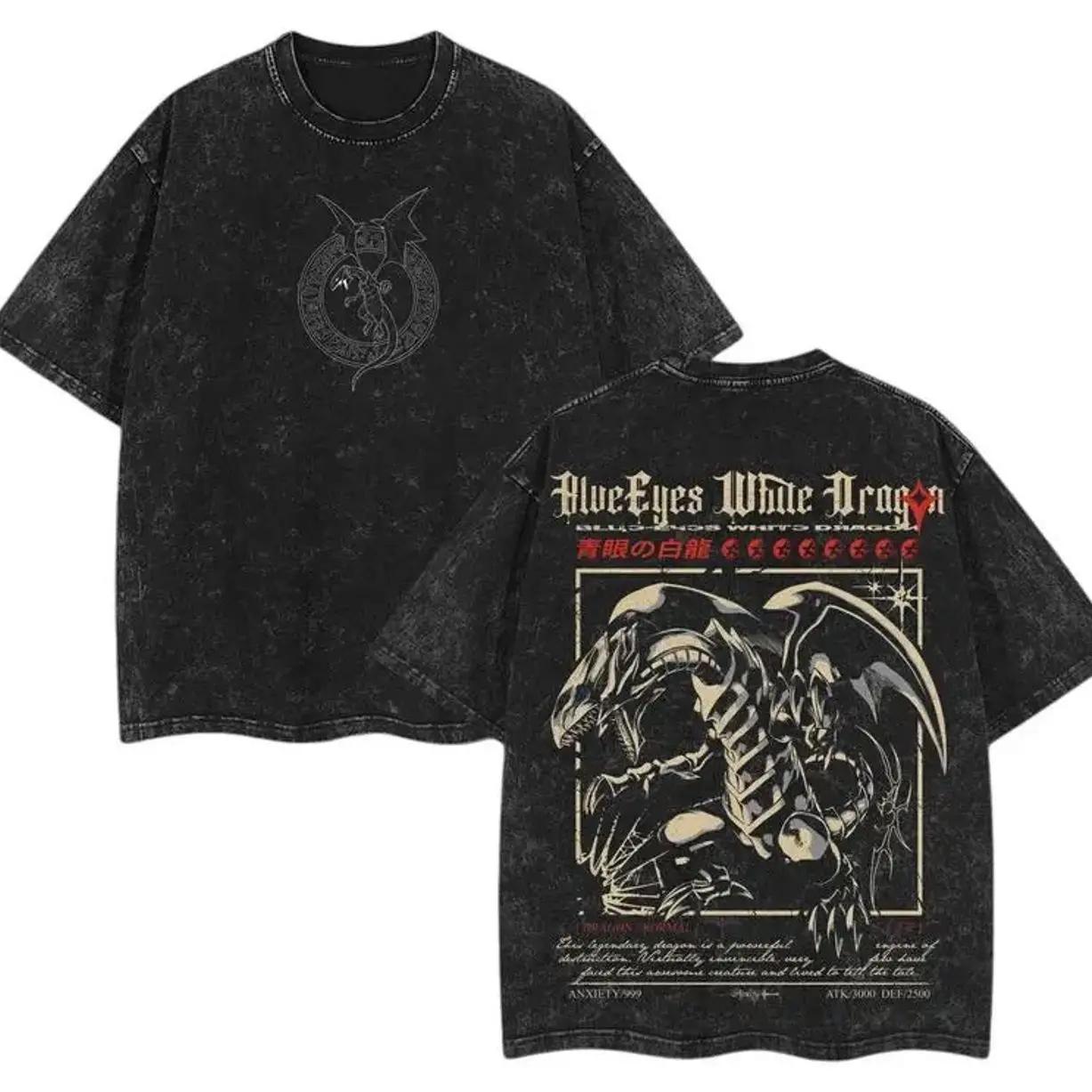 Hot Anime Yu-Gi-Oh T-shirt Blue-Eyes White Dragon Y2k Washed Tshirt Oversized T Shirt For Men s Clothing Pure Cotton Tees Tops S