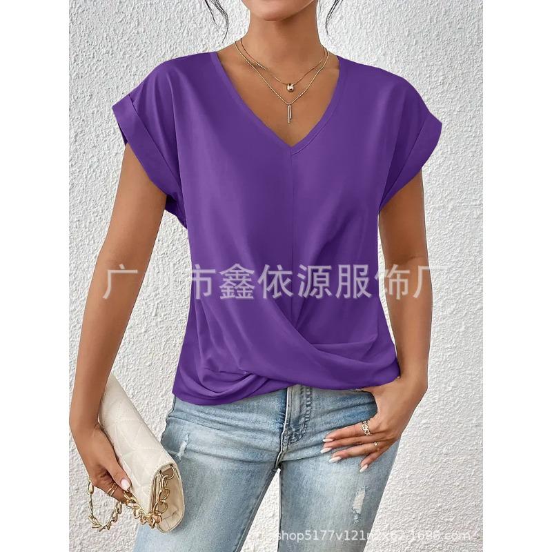 Women Wine Red V Neck Rolled Cap Sleeve Blouse Front Twist Knot Casual Loose T-shirt