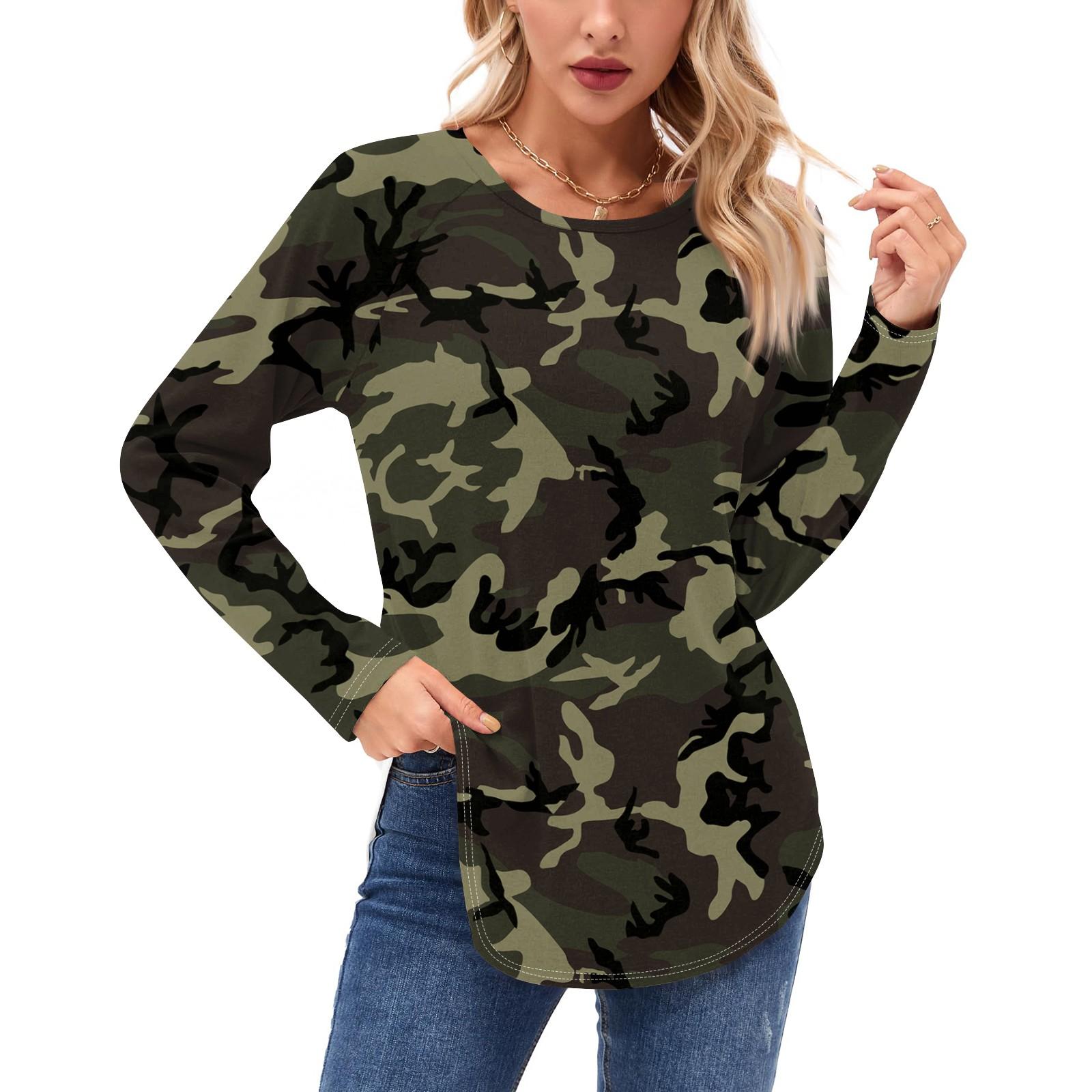 

Женские рубашки с длинным рукавом, повседневная мода, камуфляжные принтованные туники, топы, круглый вырез, базовая свободная футболка L темно-фиолетового