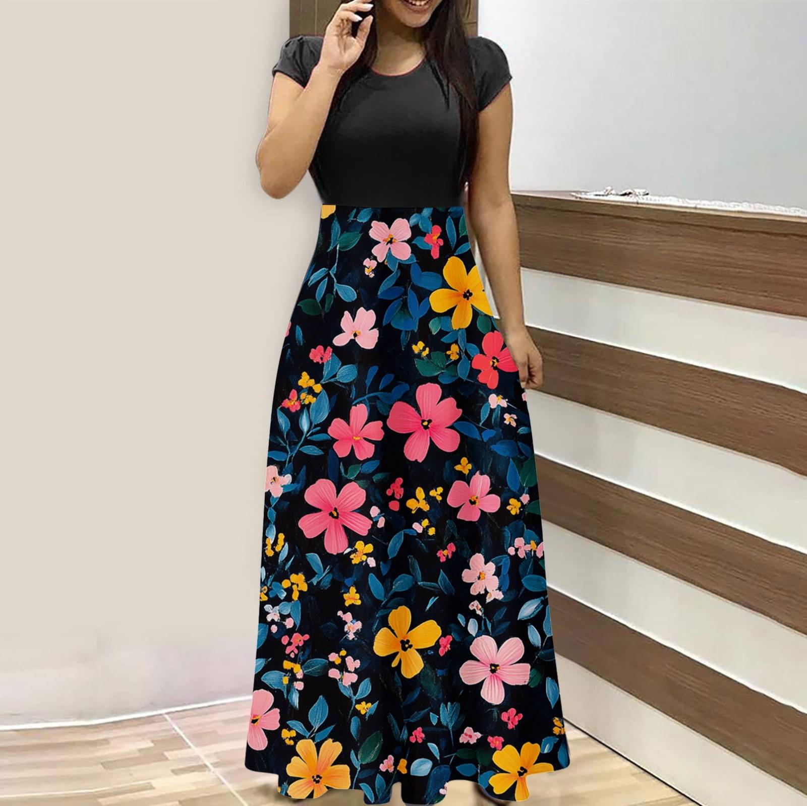 Women s Fashion Casual Loose Printed Round Neck Short Sleeve Long Dresses Short Sleeve Long Dresses L